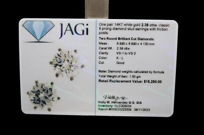 14K White Gold Classic 6 Prongs Diamond Stud Earrings (2.38 CTW) (Local Purchase Only)