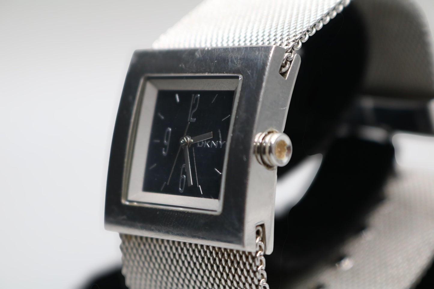 Ladies DKNY Black Square Dial Mesh Stainless Steel Silver Tone Bracelet Watch