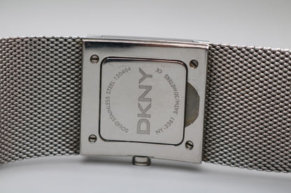 Ladies DKNY Black Square Dial Mesh Stainless Steel Silver Tone Bracelet Watch