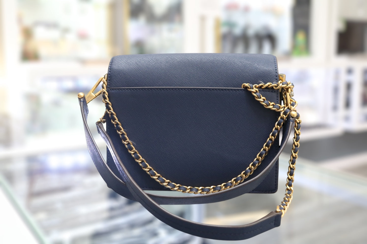 Tory Burch Robinson Colorblock Double Strap Blue Bag 3.25" (L) x 8.25" (W) x 6.75" (H)