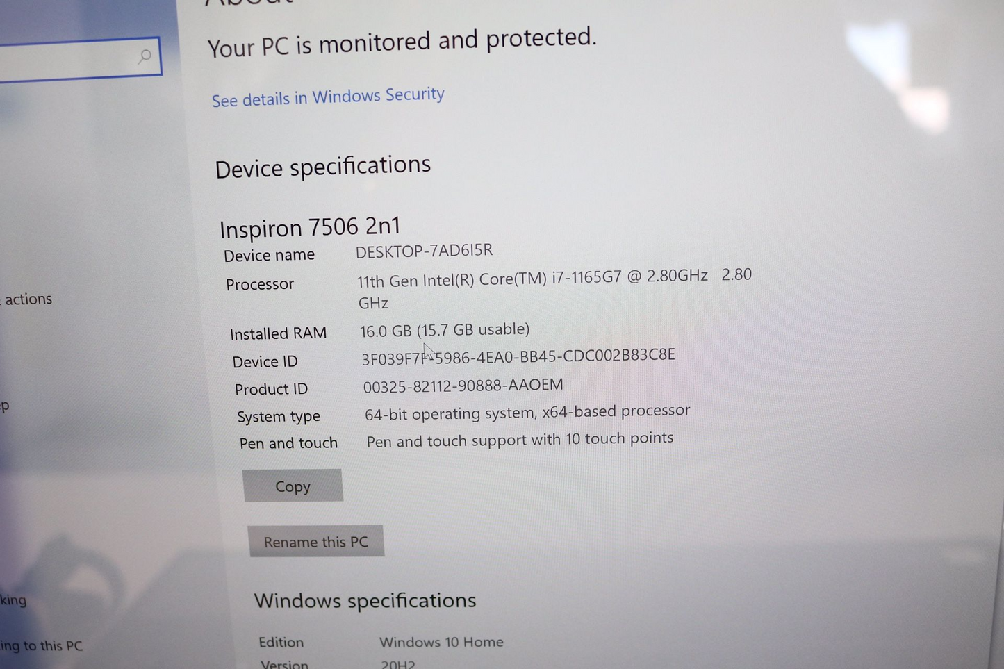Dell Inspiron 7506 (i7-1165G7, 2.8GHz, 16GB RAM, 1TB SSD, Windows 10 Home)