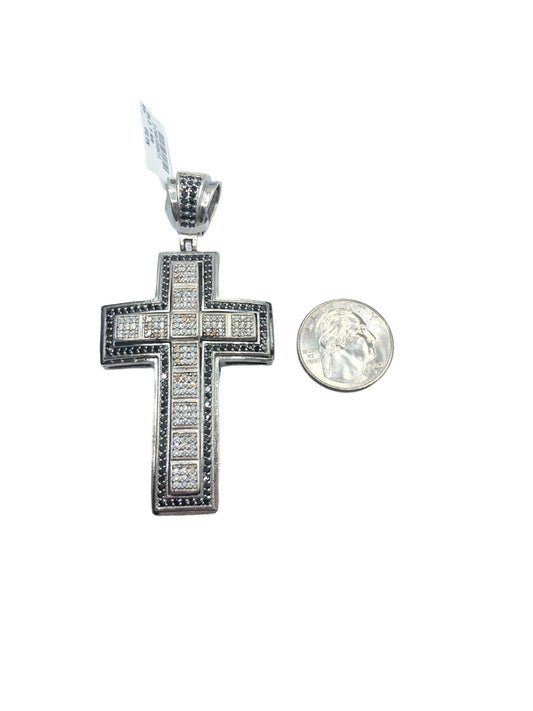 Pre-owned Sterling Silver Cross Charm with Clear and Black Stones