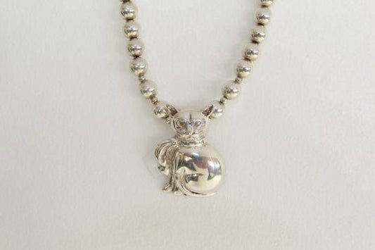 Sterling Silver Beads Chain W/ Silver Cat Charm (Length 22 Inches)