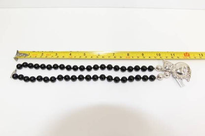 Black Tourmaline Smooth Round Beads Chain w/ Silver Cat Charm 24in