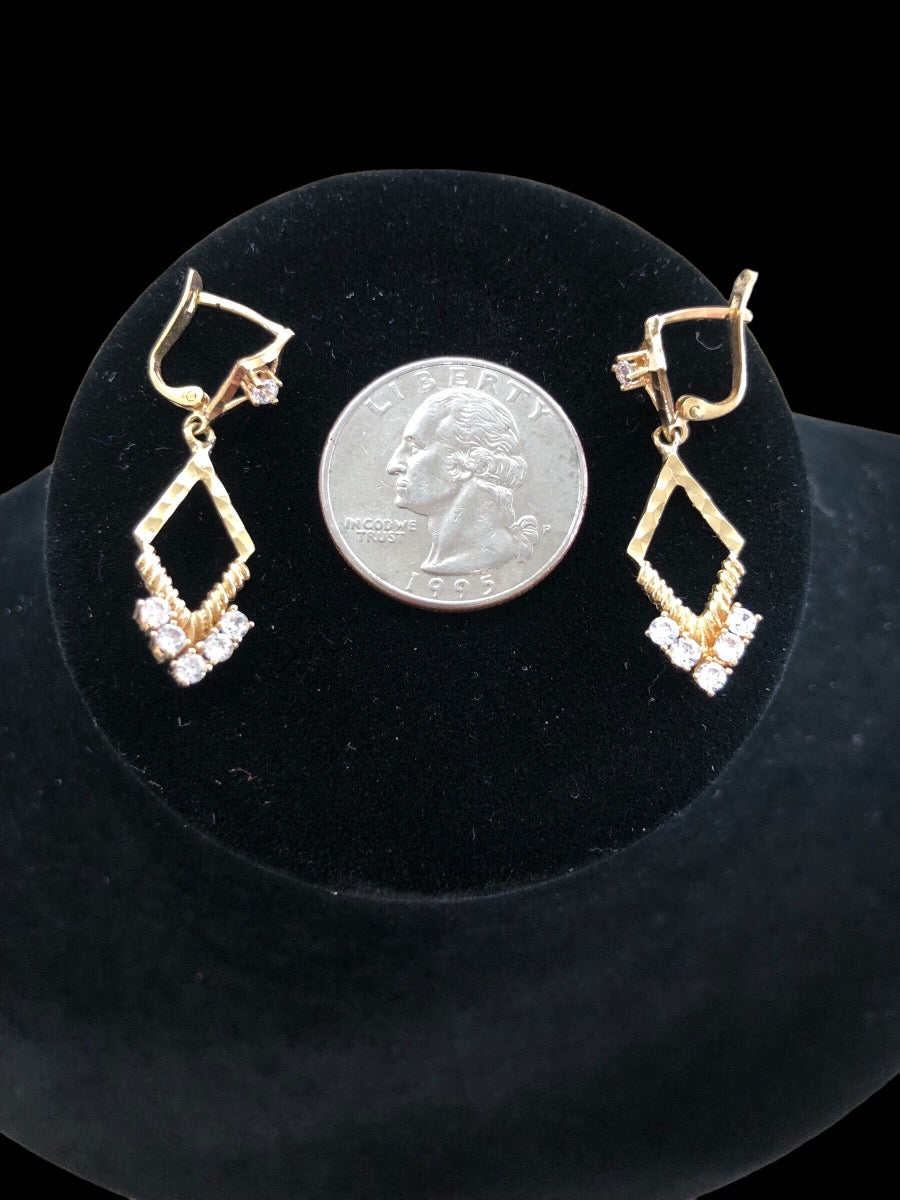 14K Yellow Gold Fancy Triangle Dangle Clear Stone Earrings (3.0 Grams)