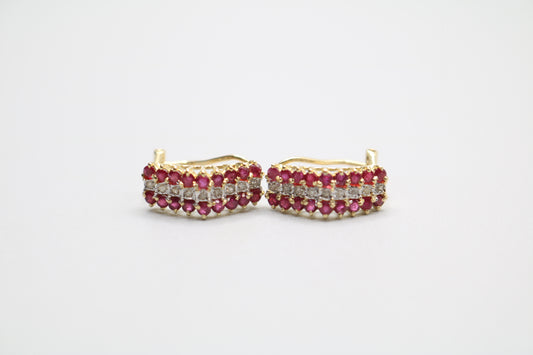 Pre-owned 14K Yellow Gold Diamond & Ruby Lever Earrings (0.18 CTW)