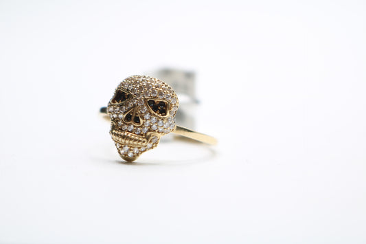 14k Yellow Gold Skull Ring w/Clear and Black Stones (Size 8 3/4)