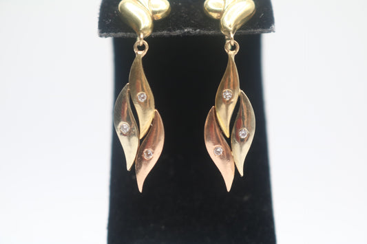 Pre-owned 14K 3 Tone Diamond Gold Earrings