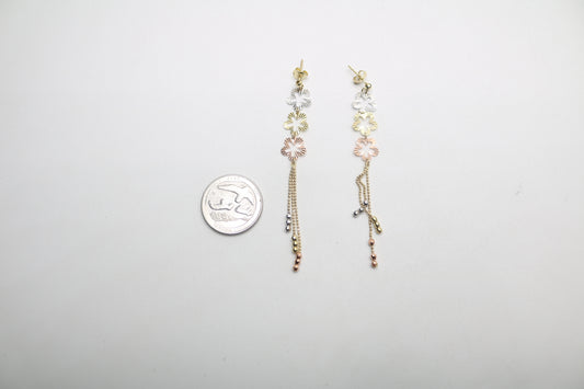 14K 3 Tone Dangling Flower Earrings (3.5 Grams)
