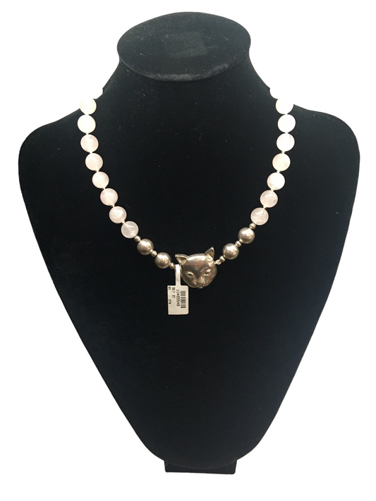 Pink Amethyst Beads Chain Silver Cat Face Charm (Length 16 Inches)