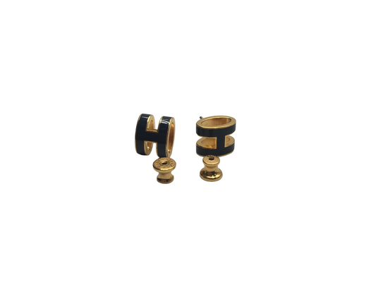 Pre-Owned Hermes Gold Lacquered Navy Blue Mini Pop H Earrings