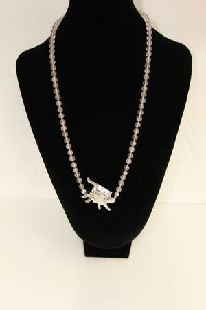 Pink Amethyst Beads Chain w/ Silver Cat Charm (Length 24 Inches)