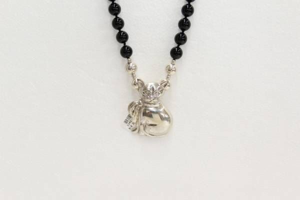Black Tourmaline Smooth Round Beads Chain w/ Silver Cat Charm 24in