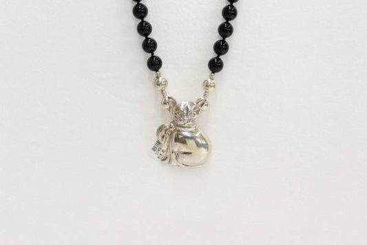 Black Tourmaline Smooth Round Beads Chain w/ Silver Cat Charm 24in
