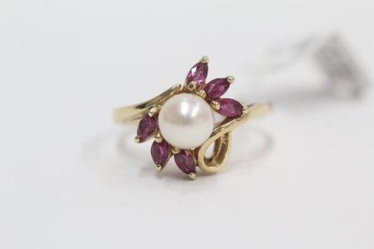 14K Yellow Gold Pearl Pink Topaz Gemstone Bypass Ring (Size 8 1/2)