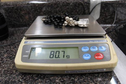 Black Tourmaline Smooth Round Beads Chain w/ Silver Cat Charm 24in