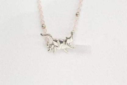 Pink Amethyst Beads Chain w/ Silver Cat Charm (Length 24 Inches)